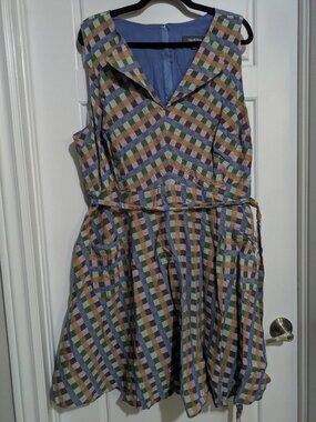 Modcloth Sleeveless Plus Sized Pastel Checkered Knee-Length Dress (3X)